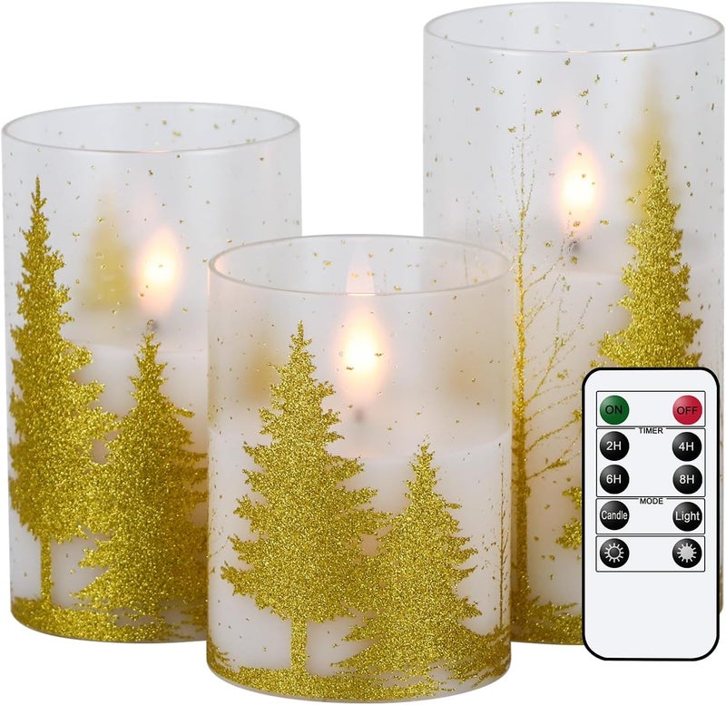DRomance Christmas Tree Glass Flameless Candles with Remote Timer Battery Operated Real Wax 3D Wick LED Flickering Pillar Candles Christmas Holiday Decor(Gold, 3 x 4,5,6 Inch) - Image 1
